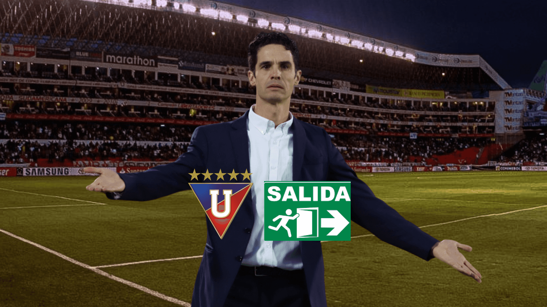 Josep Alcácer sorprendido, escudo de LDU. Foto tomada de: Liga de Quito
