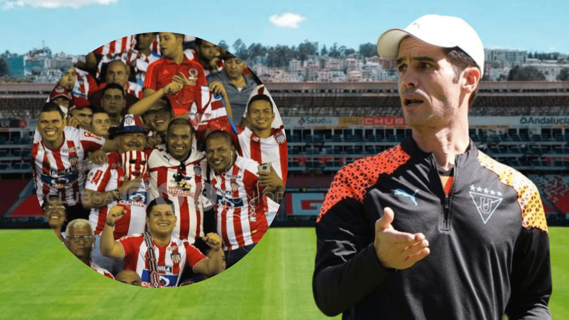 Josep Alcácer y los hinchas de Junior en el Estadio Rodrigo Paz (Foto tomada de: Ecuavisa/Liga de Quito/Junior)