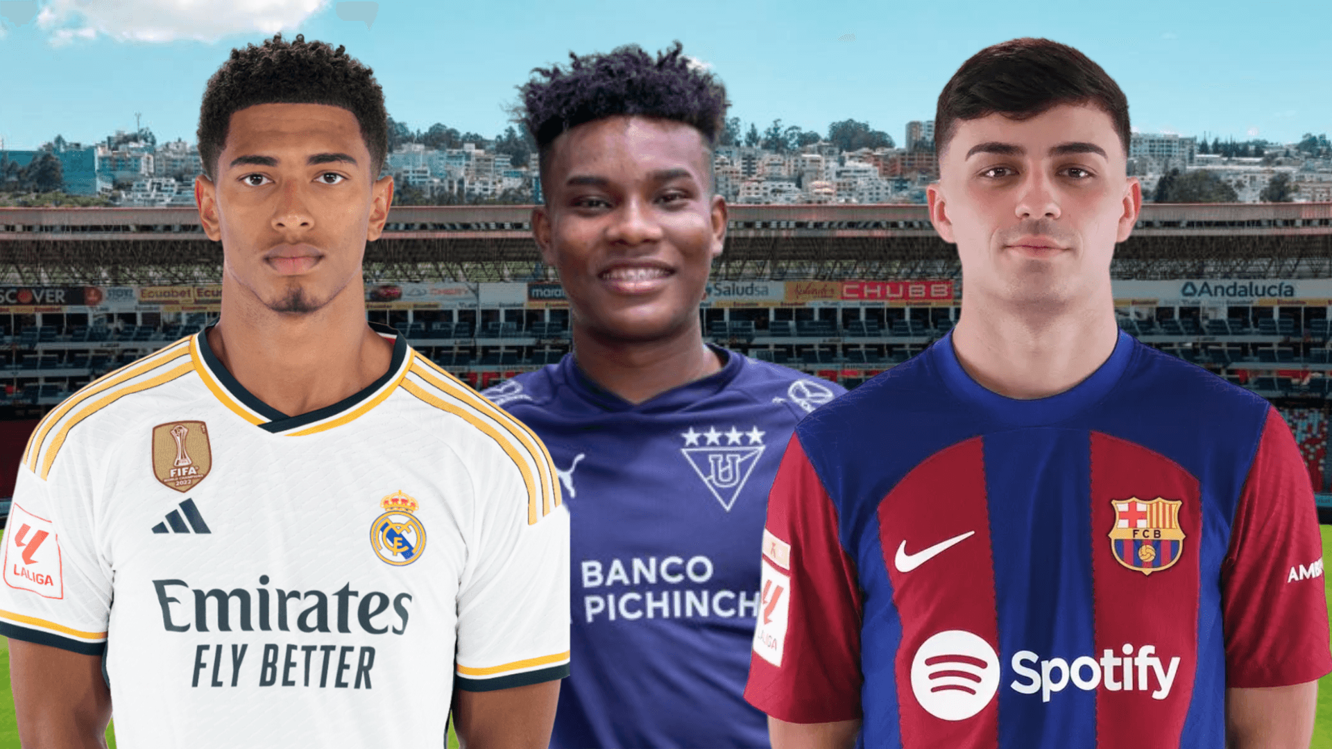 Jude Bellingham, Óscar Zambrano y Pedri (Foto tomada de: Liga de Quito/Primicias/La Liga/FC Barcelona)