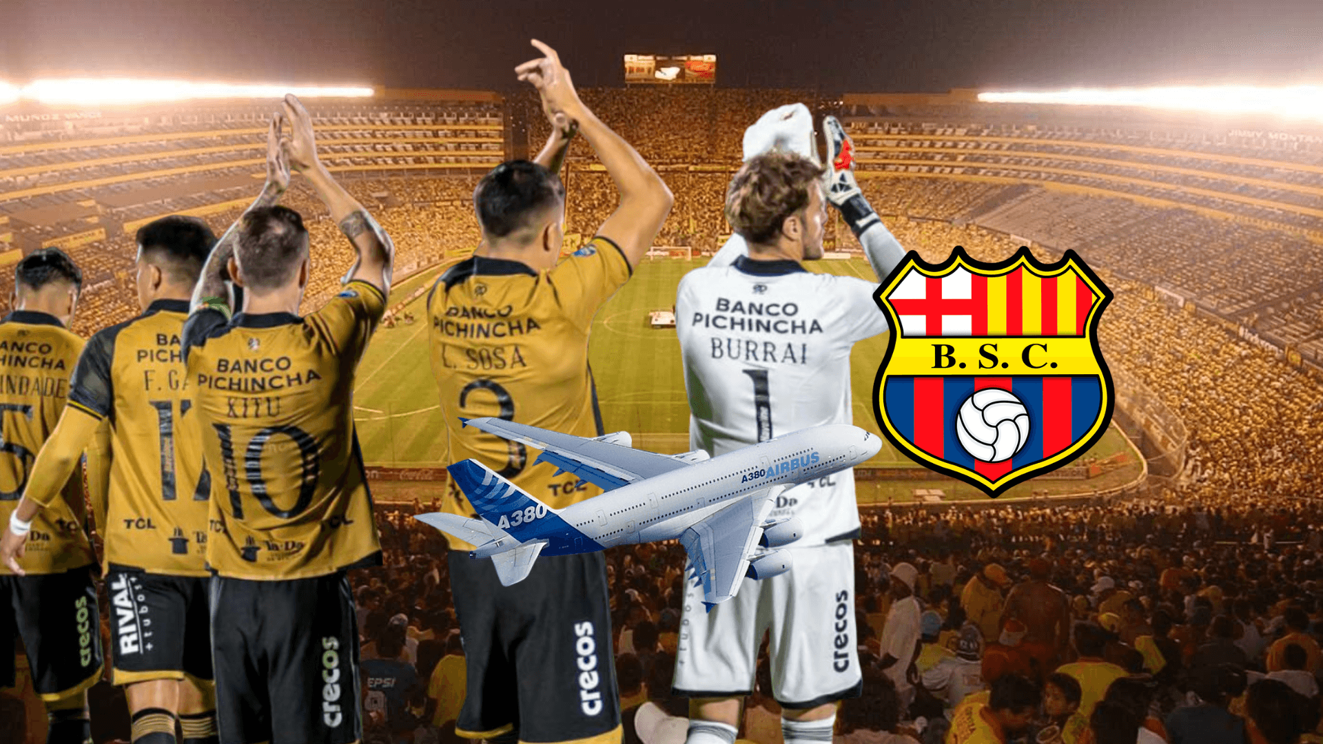 Jugadores de Barcelona SC, Avión, escudo de BSC. Foto tomada de: Barcelona SC/Pes Logos
