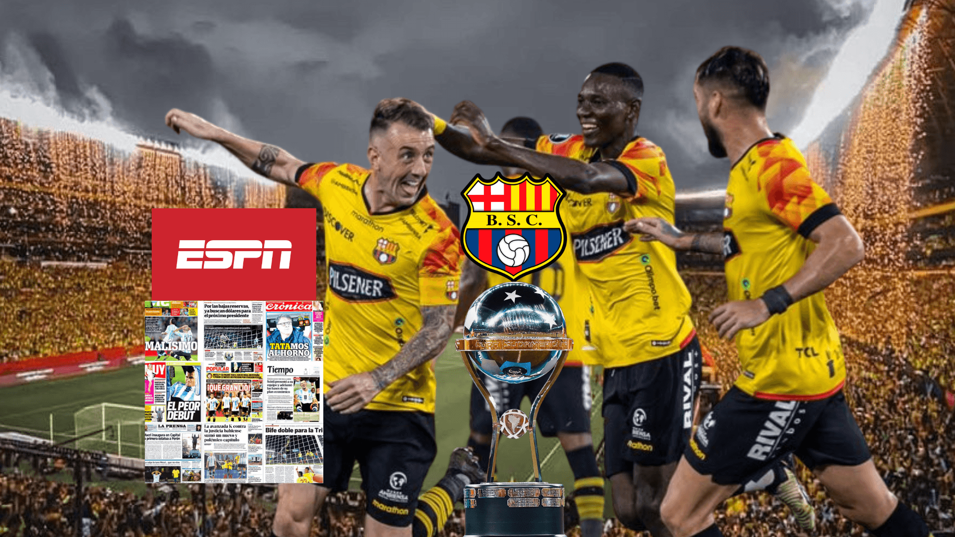 Jugadores de Barcelona SC festejando, prensa argentina, Copa Sudamericana. Foto tomada de: Barcelona SC/ESPN