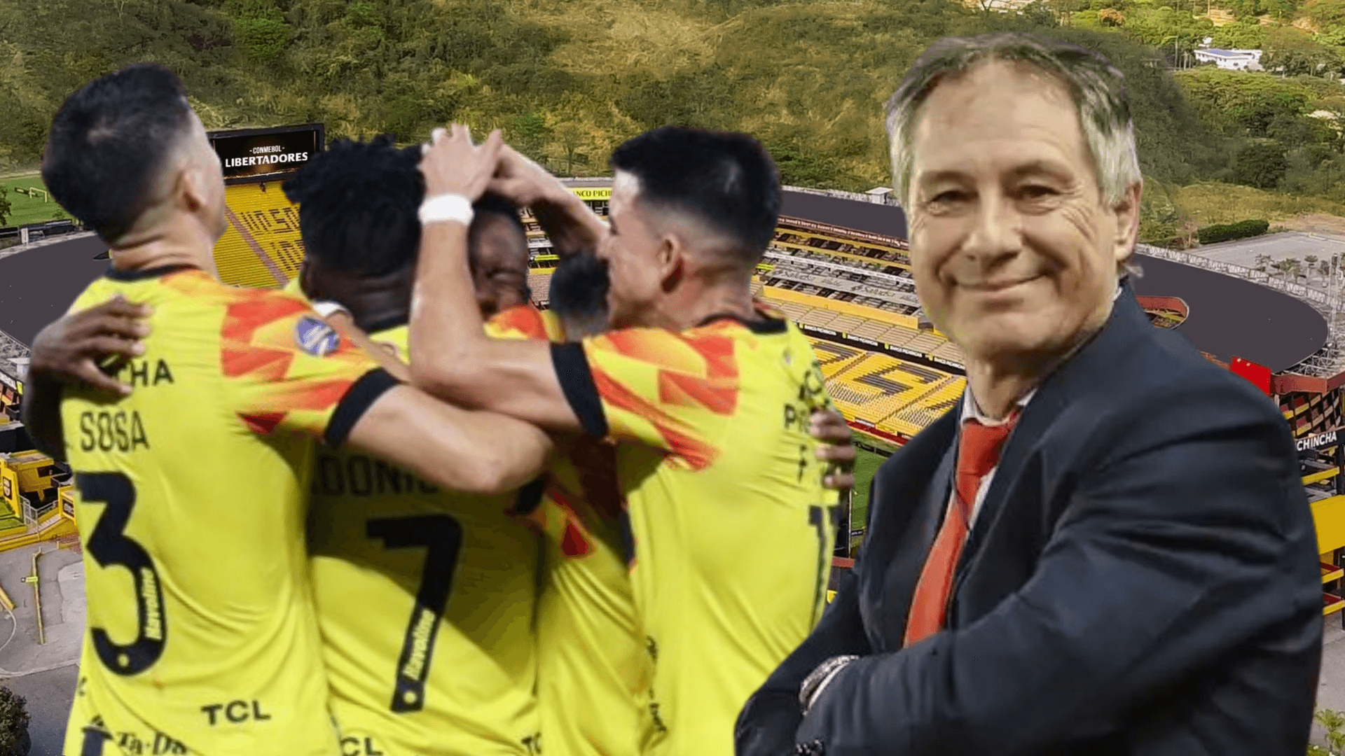Jugadores de Barcelona SC y Ariel Holan en el Estadio Monumental (Foto tomada de: El Comercio/Independiente de Avellaneda/API)