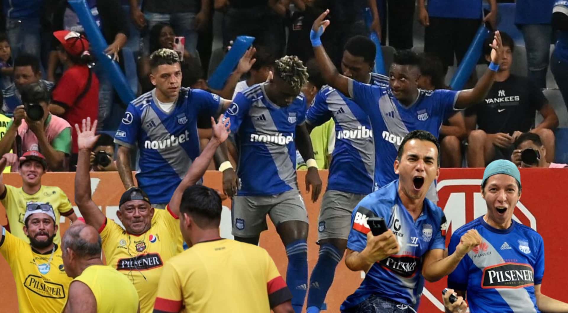 Jugadores de Emelec celebrando, al cotado los hinchas del conjunto 'eléctrico' y los del Barcelona SC. FOTO: Federación Ecuatoriana de Fútbol