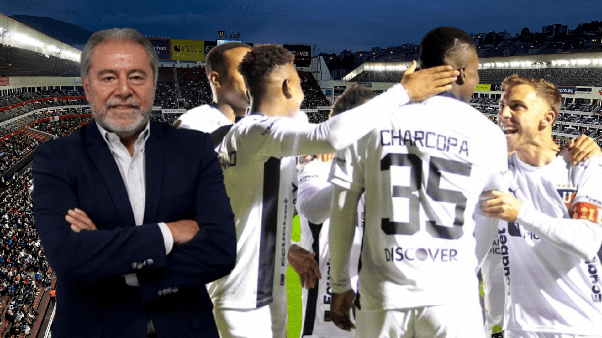 Jugadores de Liga de Quito e Isaac Álvarez (Foto tomada de: Primicias/API)