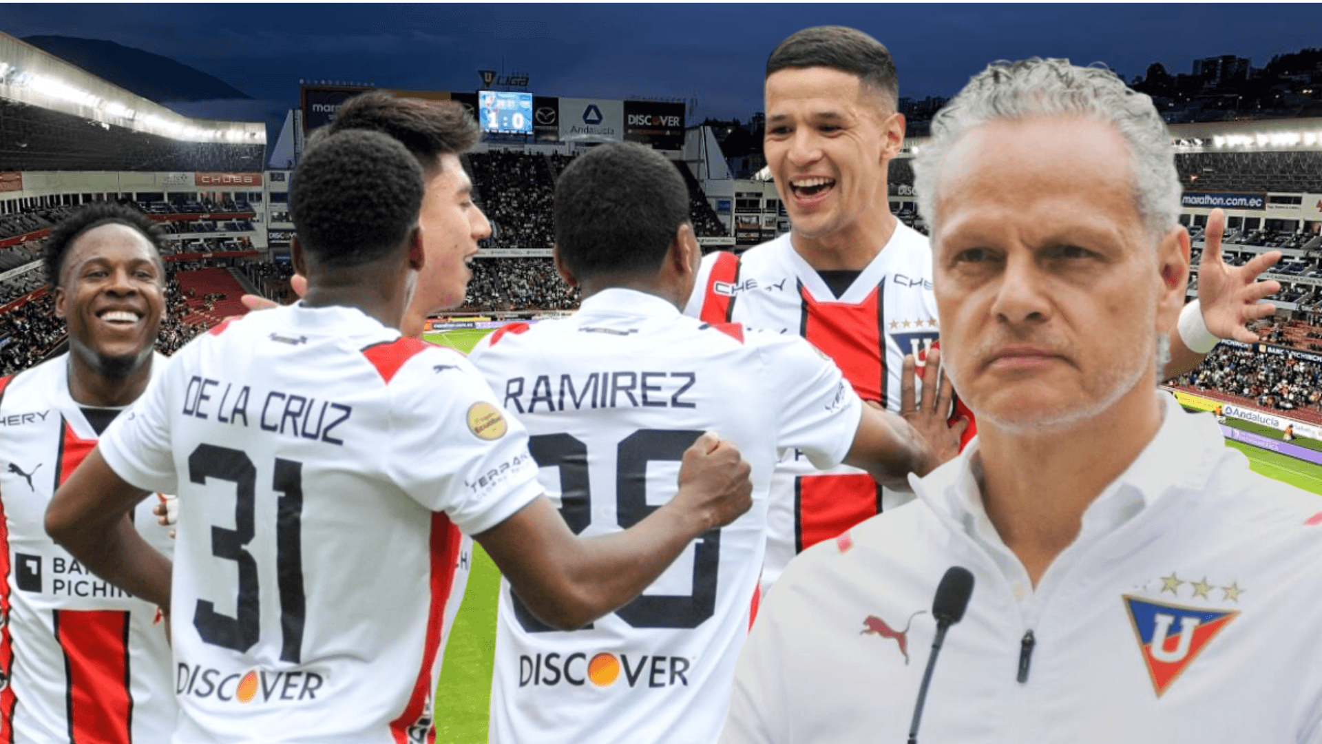 Jugadores de Liga de Quito y Esteban Paz (Foto tomada de: Primicias/Liga de Quito/API)