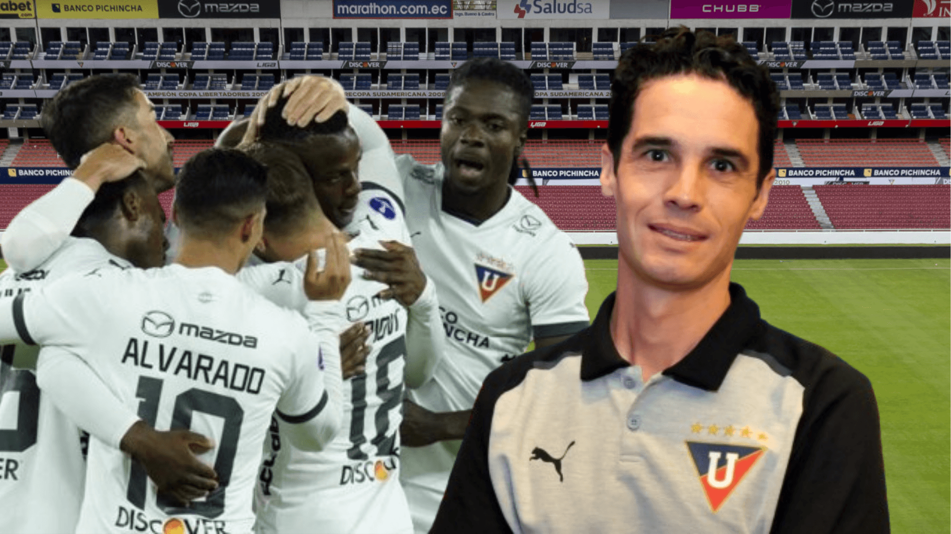 Jugadores de Liga de Quito y Josep Alcácer en el Estadio Rodrigo Paz Delgado (Foto tomada de: Primicias/Liga de Quito/API)
