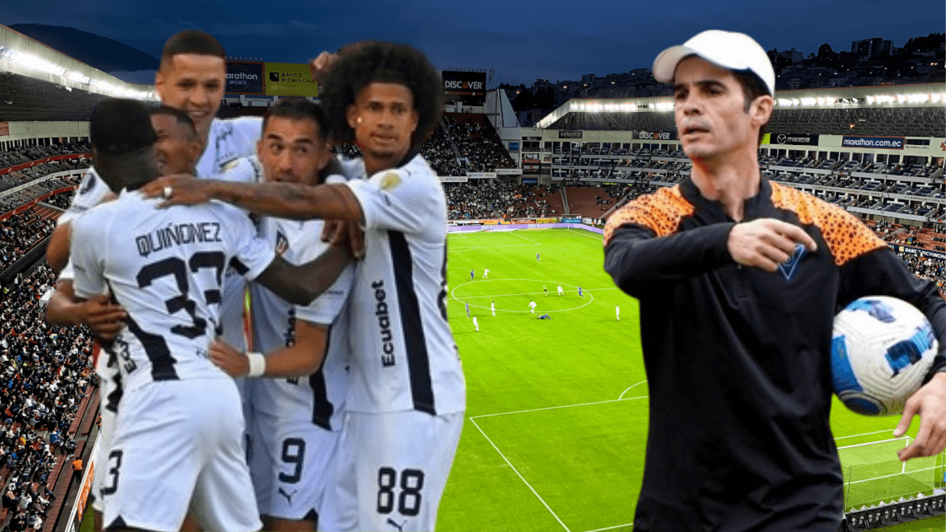 Jugadores de Liga de Quito y Josep Alcácer en el Estadio Rodrigo Paz Delgado (Foto tomada de: Primicias/Liga de Quito/API)