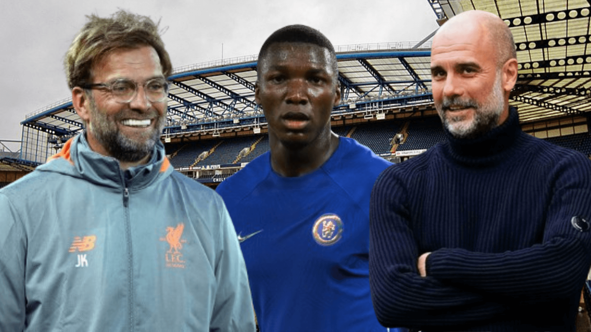 Jürgen Klopp, Moisés Caicedo y Pep Guardiola en Stamford Bridge (Foto tomada de: Wikipedia/EFE/TVC/GQ)