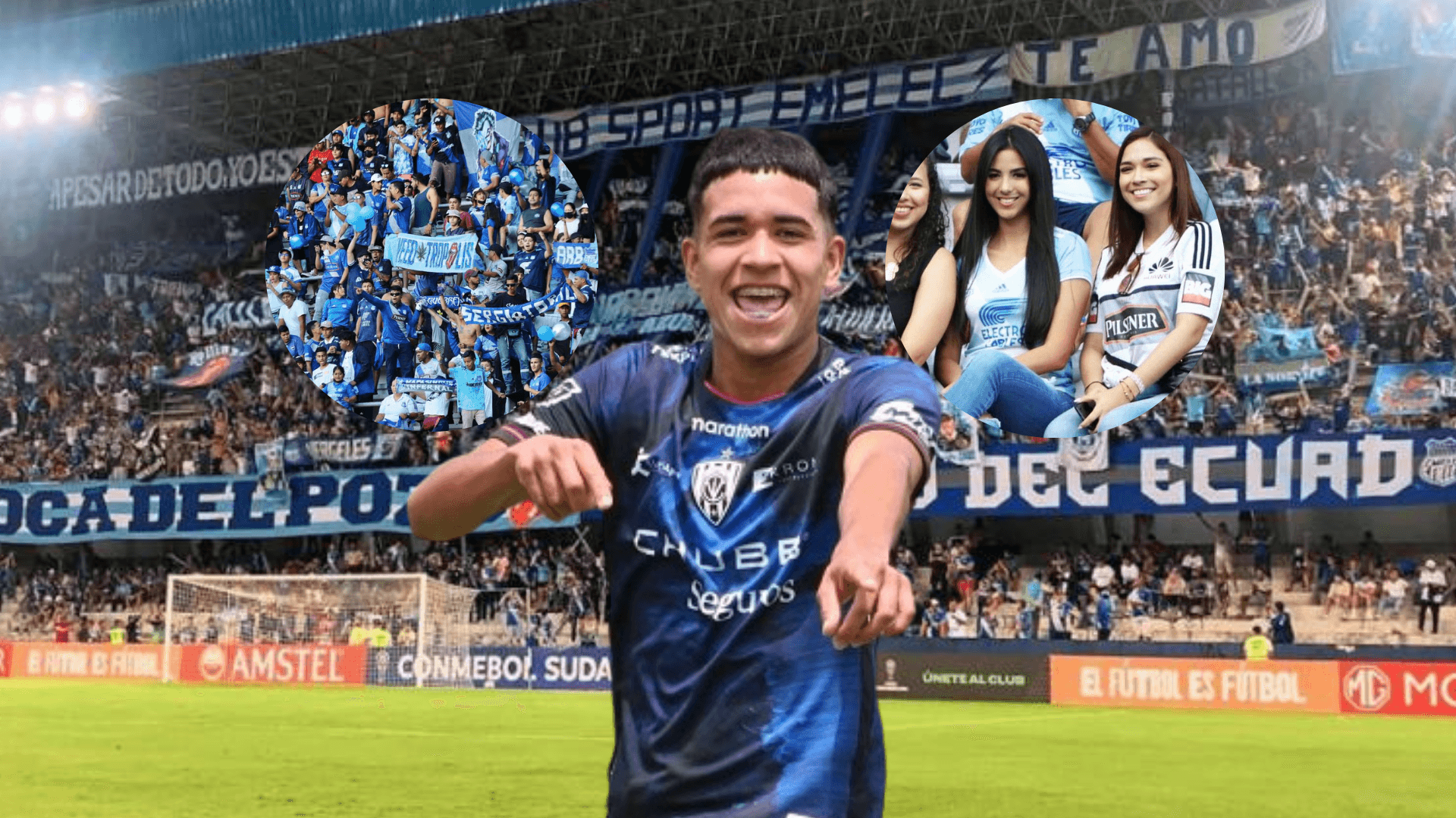 Kendry Páez con hinchas de Emelec sonriendo en el estadio Capwell