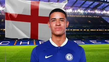 Kendry Páez con la camiseta de Chelsea en Stamford Bridge y bandera de Inglaterra