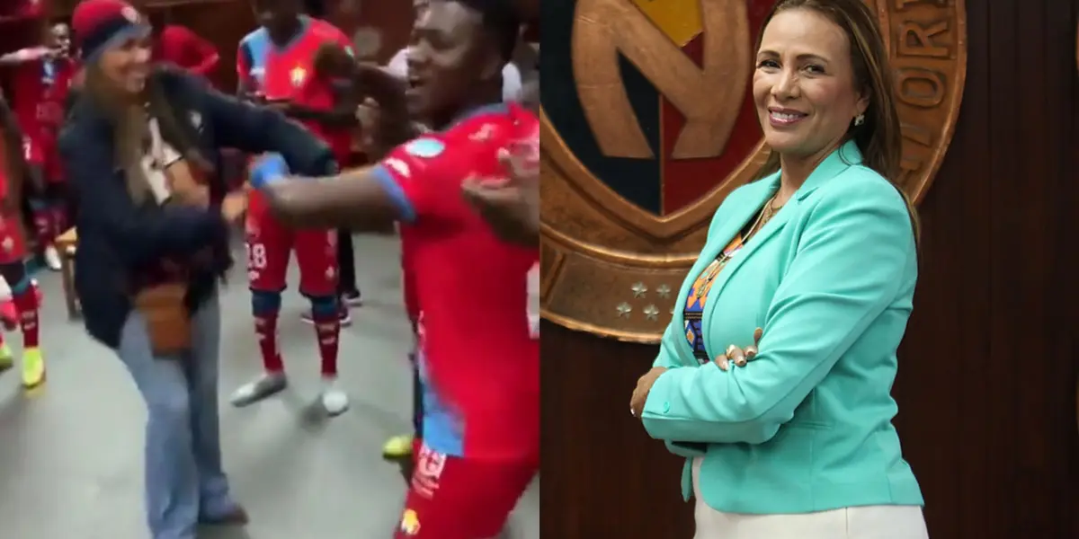 La presidenta de El Nacional se puso a bailar con los jugadores luego de ganarle al Delfín