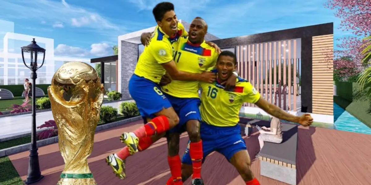 La Selección Ecuatoriana festejando, de fondo la imagen de una finca. FOTO: Metro 