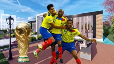 La Selección Ecuatoriana festejando, de fondo la imagen de una finca. FOTO: Metro 