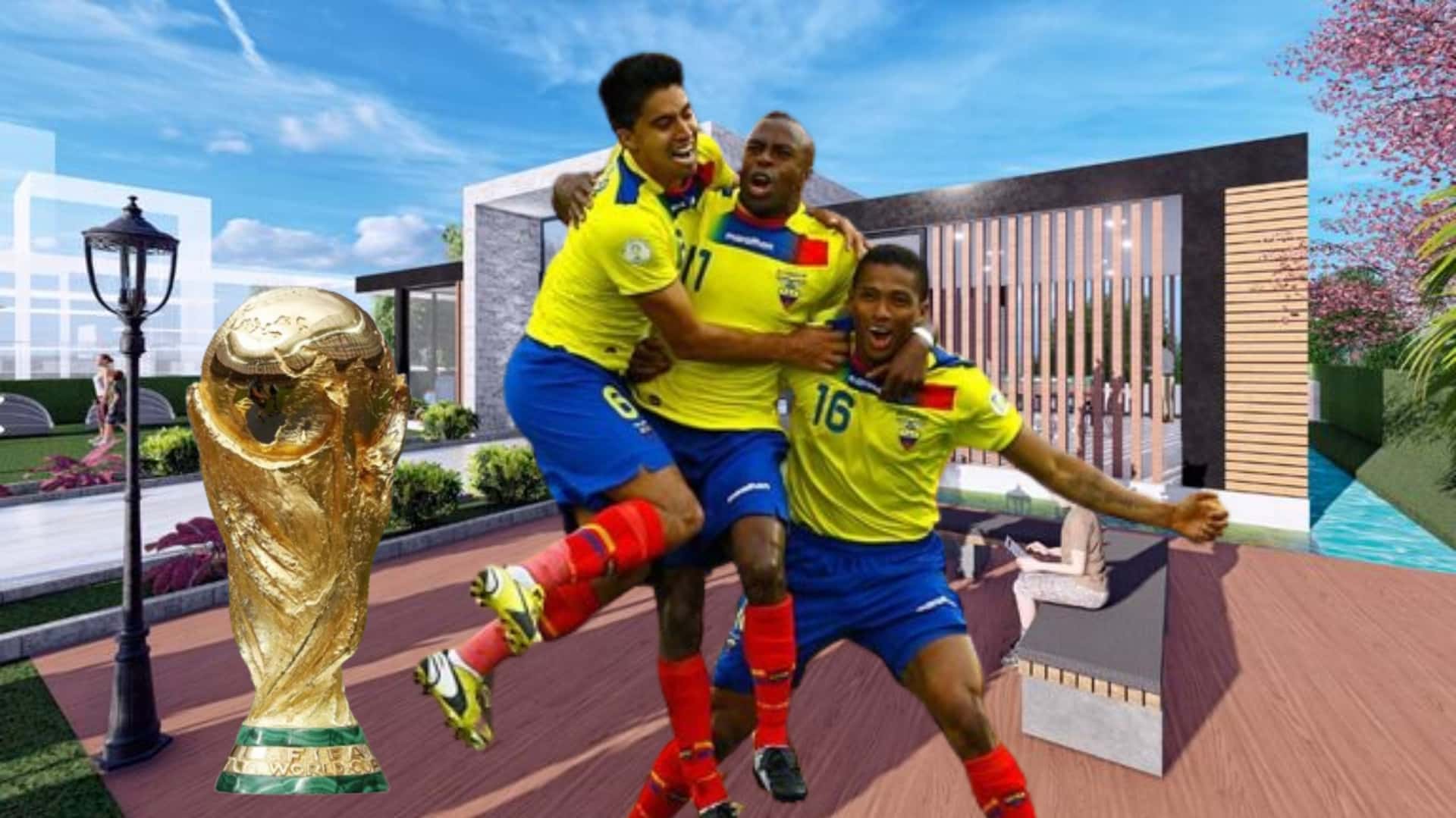 La Selección Ecuatoriana festejando, de fondo la imagen de una finca. FOTO: Metro