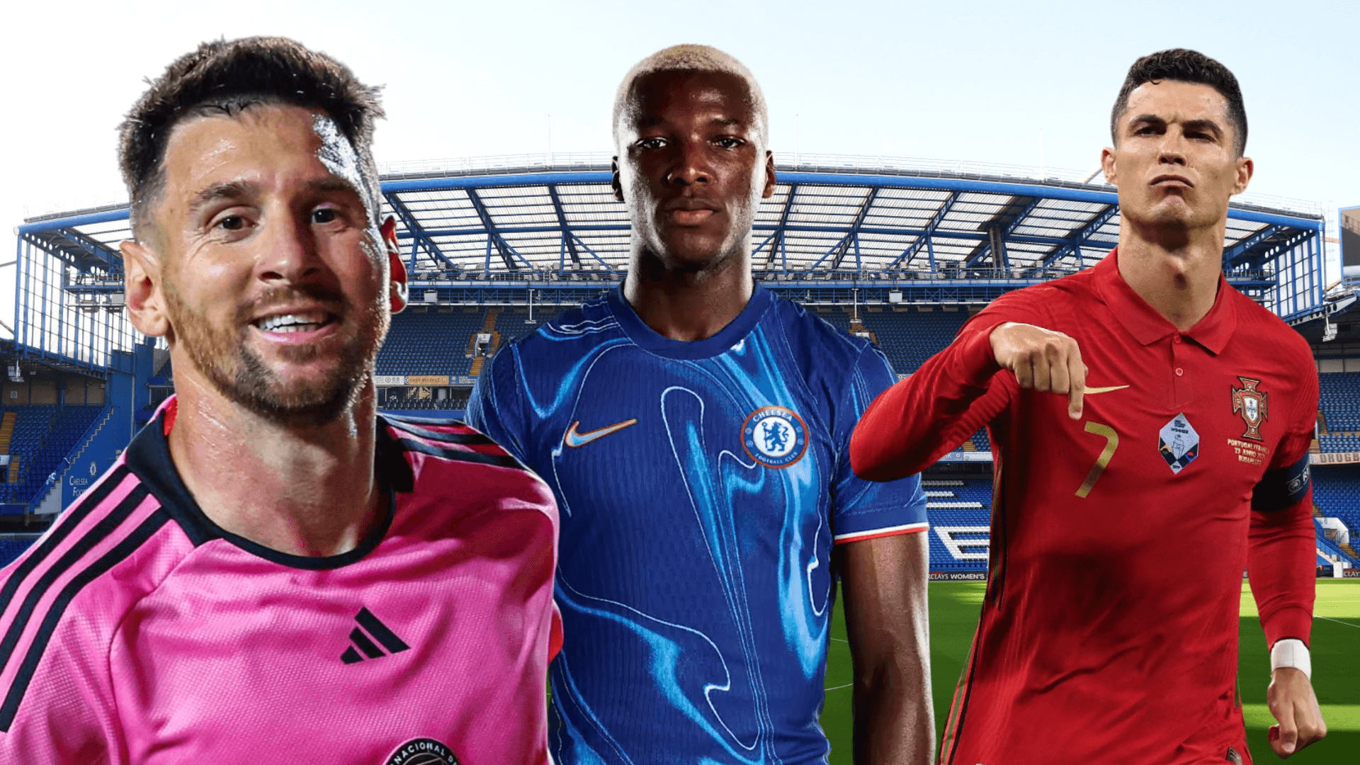 Lionel Messi, Moisés Caicedo y Cristiano Ronaldo (Foto tomada de: The Sun/Chelsea/Andina/Mundo)
