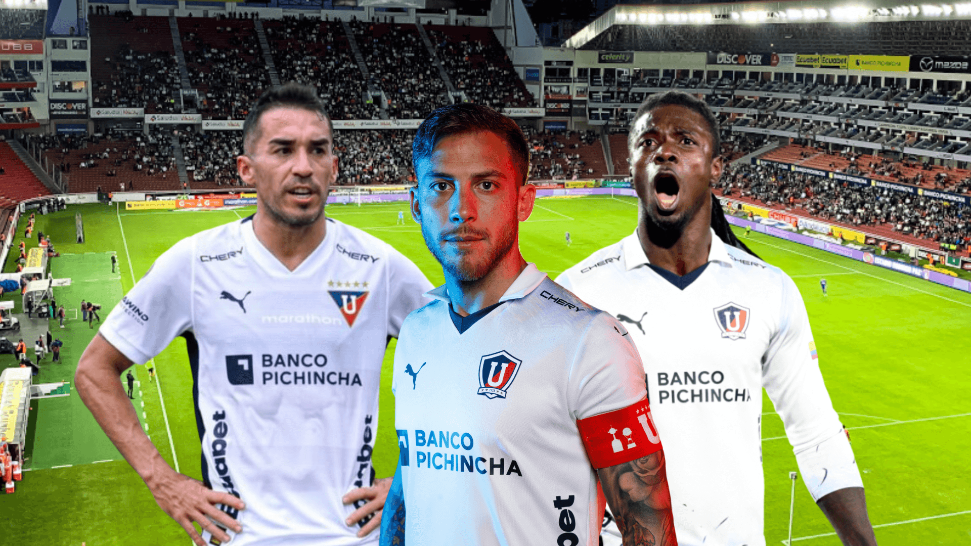 Lisandro Alzugaray preocupado, Ricardo Adé gritando, Ezequiel Piovi serio. Foto tomada de: Liga de Quito/Conmebol