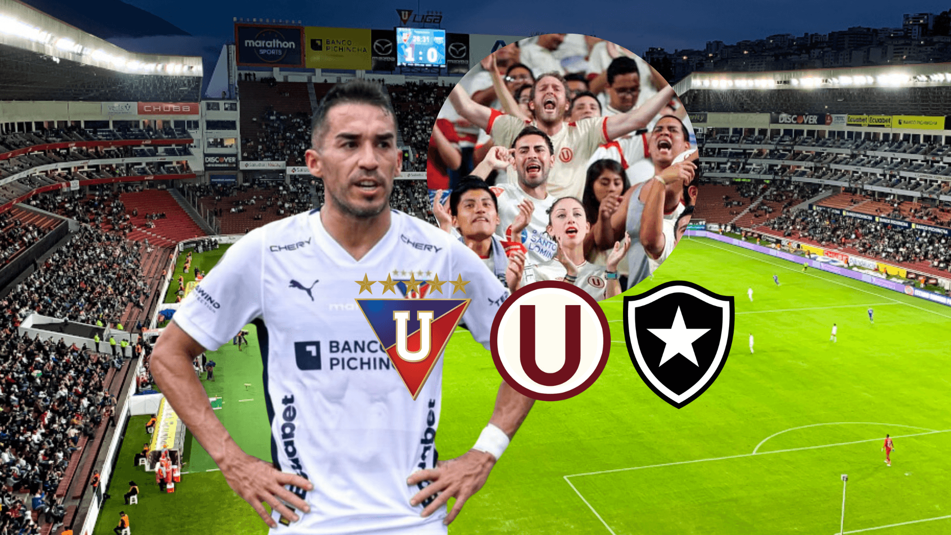 Lisandro Alzugaray serio, escudos equipos, LDU, Botafogo, Universitario. Foto tomada de: Diario Expreso/LDU/Pes Logos