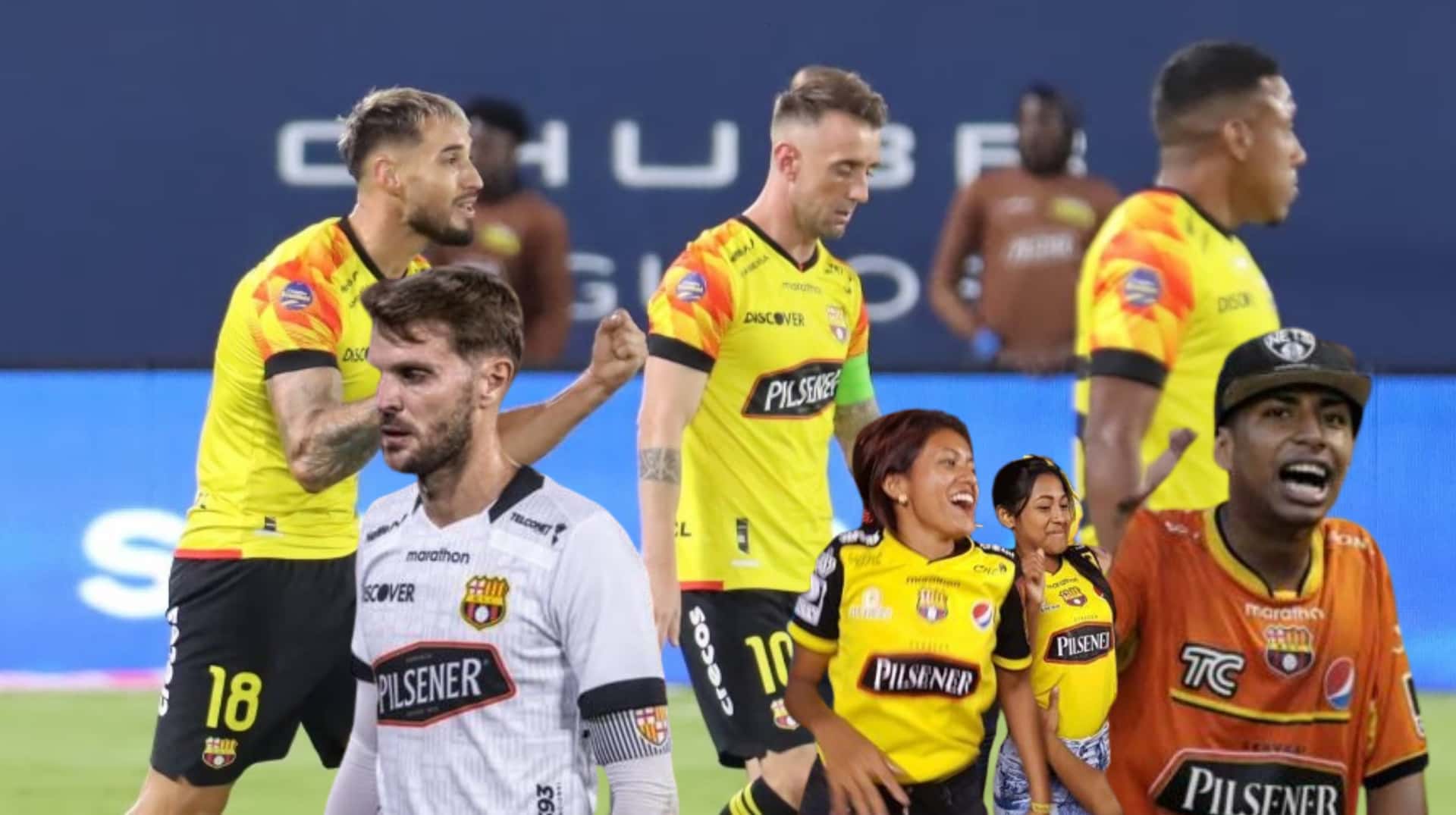 Los jugadores de Barcelona cabizbajos. En la imagen aparecen Javier Burrai y algunos hinchas de BSC. FOTO: Primicias