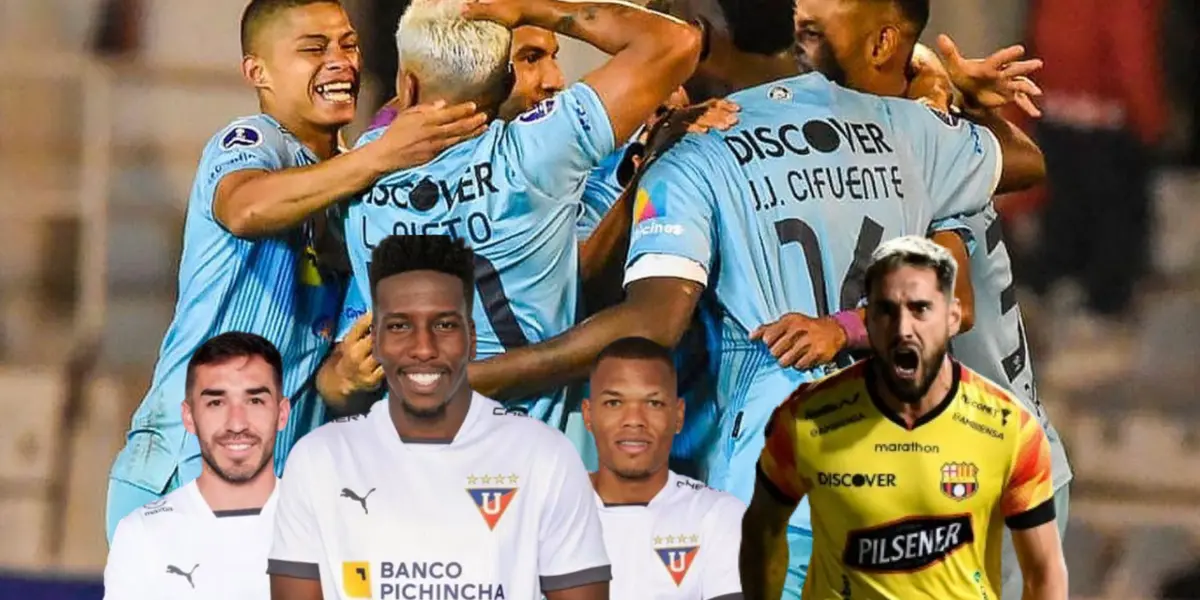 Los jugadores de Universidad Católica celebrando, en la imagen también se encuentran futbolistas de Liga de Quito y BSC. FOTO: Fútbol Peruano 