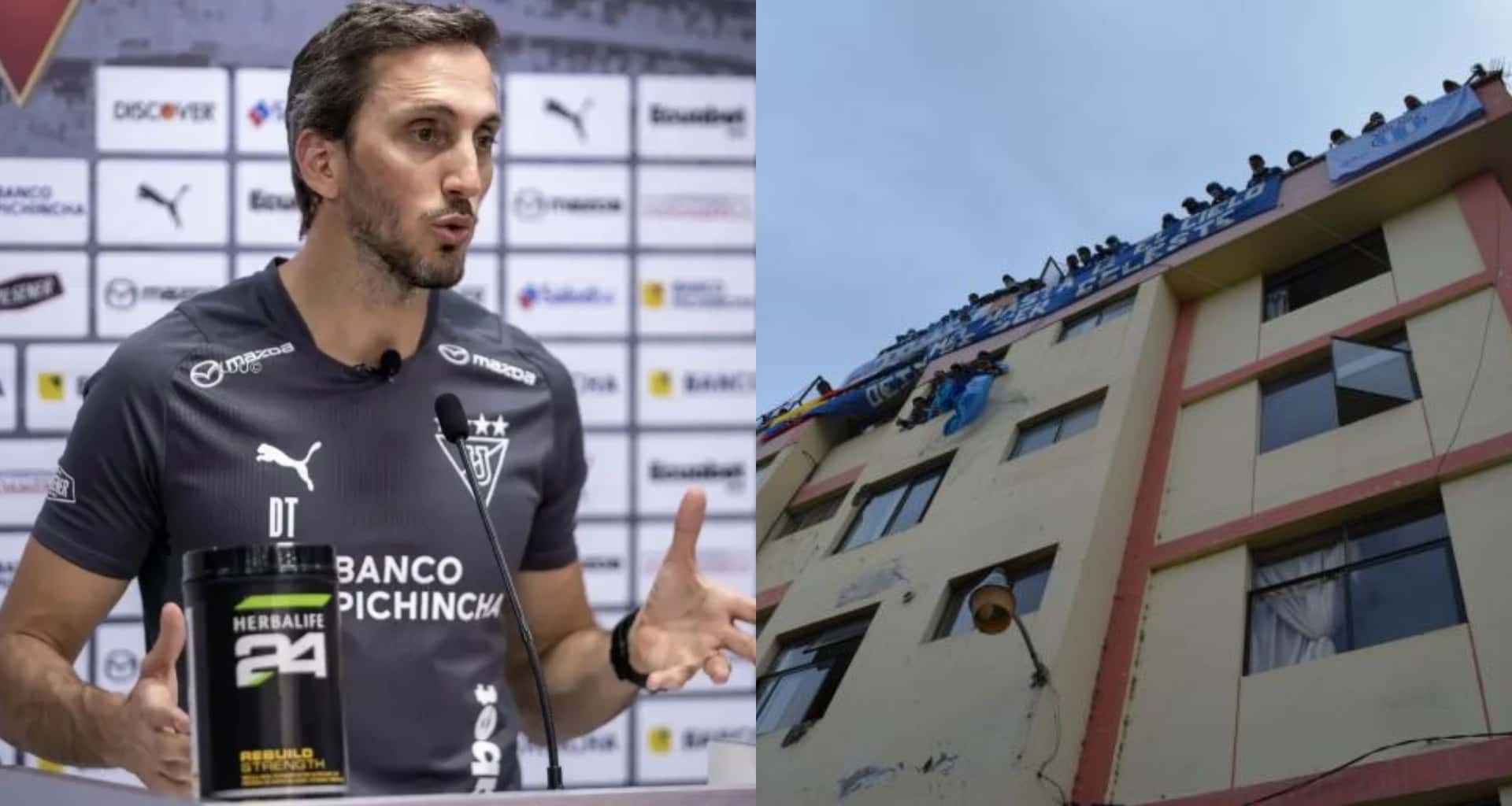 Luis Zubeldía, entrenador de Liga de Quito, está expulsado y miró el partido ante Macará desde una terraza, afuera del Bellavista