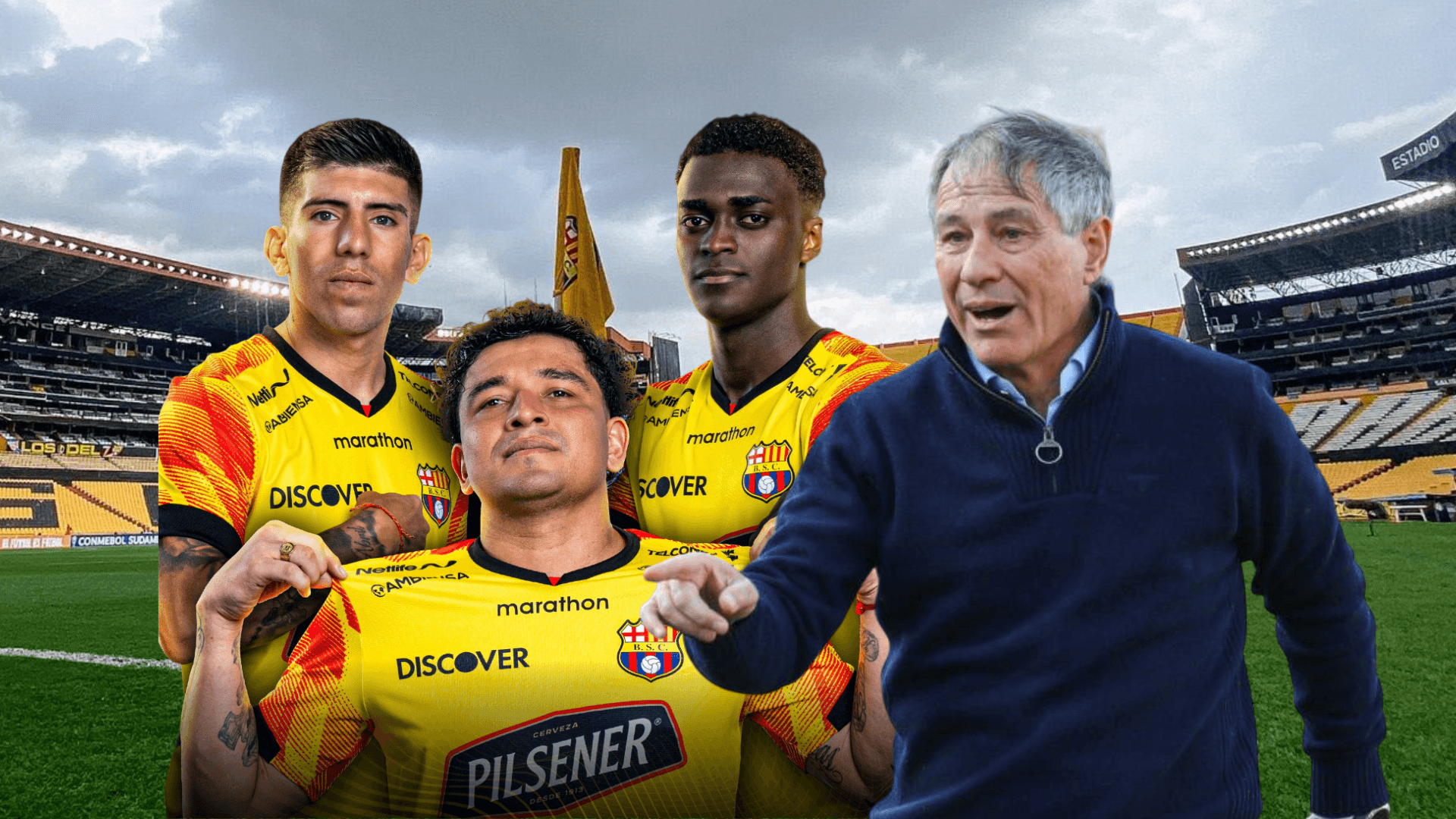Mario Pineida, Alex Rangel y Braian Oyola posando, Ariel Holan dirigiendo. Foto tomada de: Conmebol/BSC