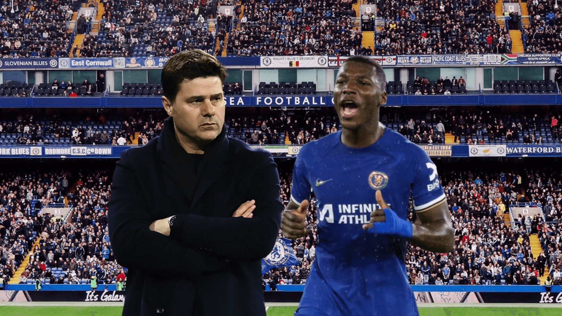 Mauricio Pochettino enojado, Moisés Caicedo gritando. Foto tomada de: Chelsea/Sky Sports