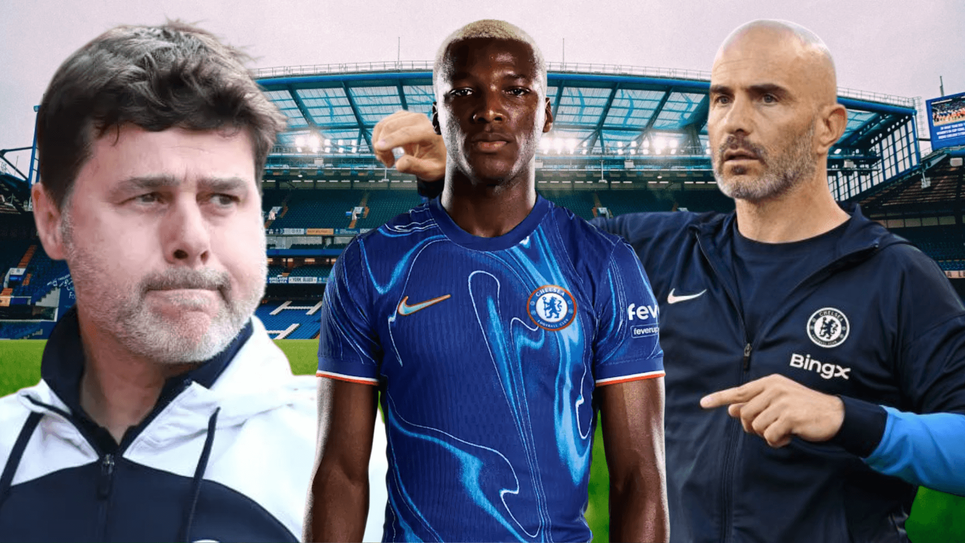 Mauricio Pochettino, Moisés Caicedo y Enzo Maresca (Foto tomada de: Chelsea/Caught)