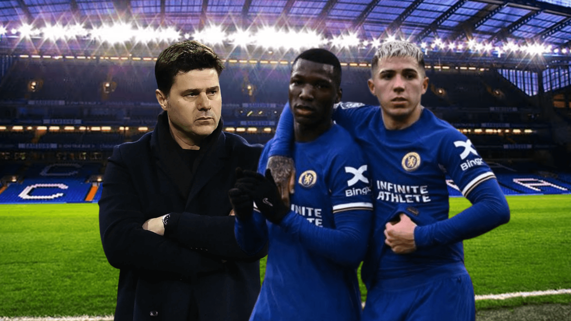 Mauricio Pochettino molesto y Moisés Caicedo con Enzo Fernández. Foto tomada de: Chelsea FC/Goal.com