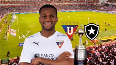 Michael Estrada brazos cruzados, Copa Libertadores, escudos de LDU y Botafogo. Foto tomada de: LDU/PESLogos