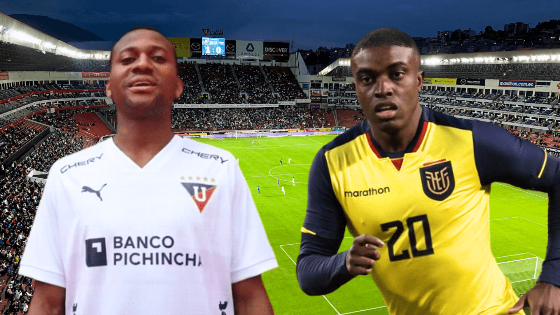 Michael Estrada y Jhegson Méndez en el Estadio Rodrigo Paz (Foto tomada de: Primicias/La Tri/Liga de Quito)