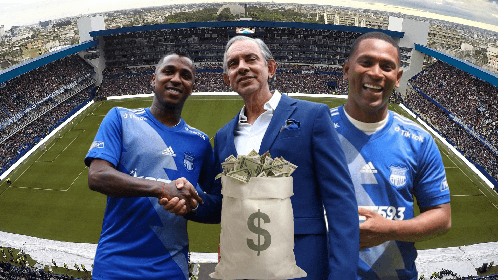 Miller Bolaños dándole la mano a José Pileggi, Bryan Angulo. Foto tomada de: Emelec/Revista Winner