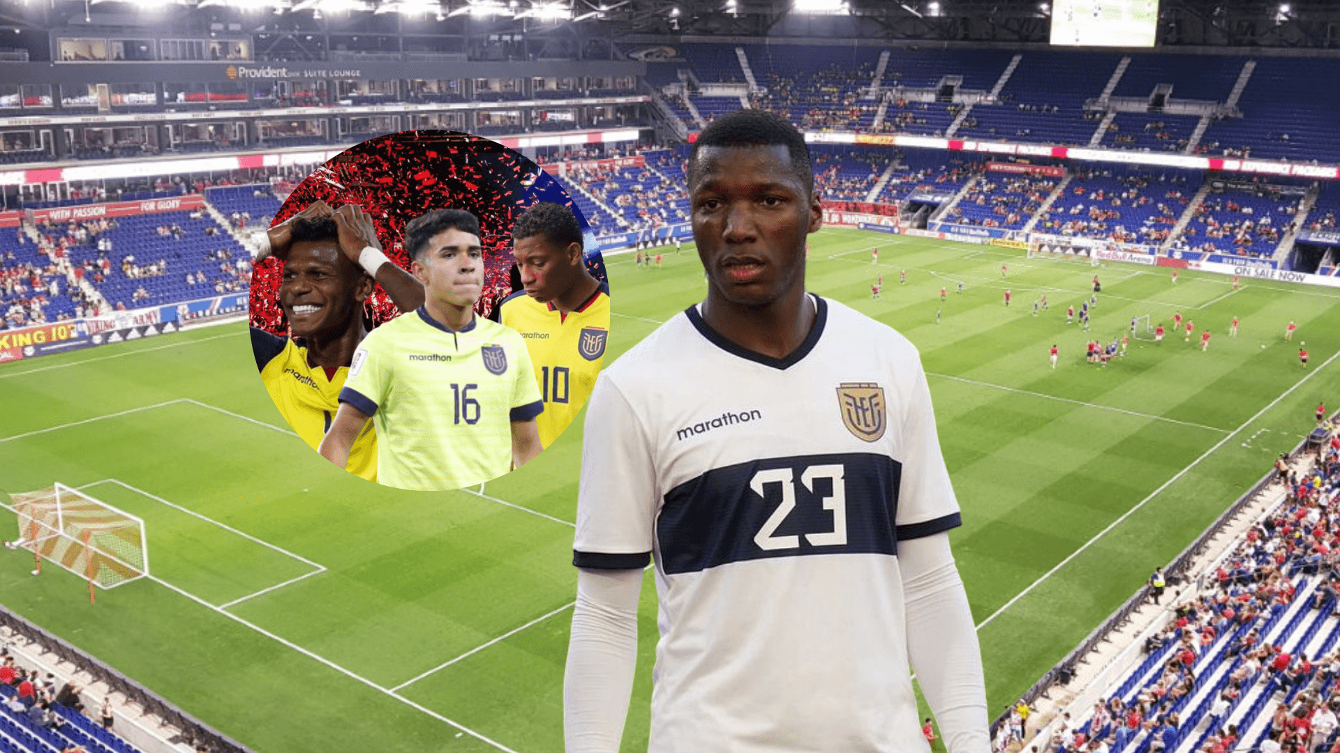 Moisés Caicedo con la camiseta de Ecuador, observando a Robert Arboleda, Kendry Páez y Gonzalo Plata