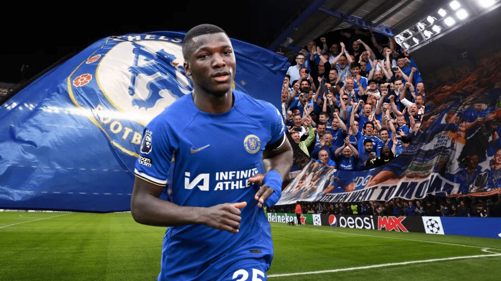 Moisés Caicedo corriendo, hinchas del Chelsea. Foto tomada de: Antena 2/Chelsea