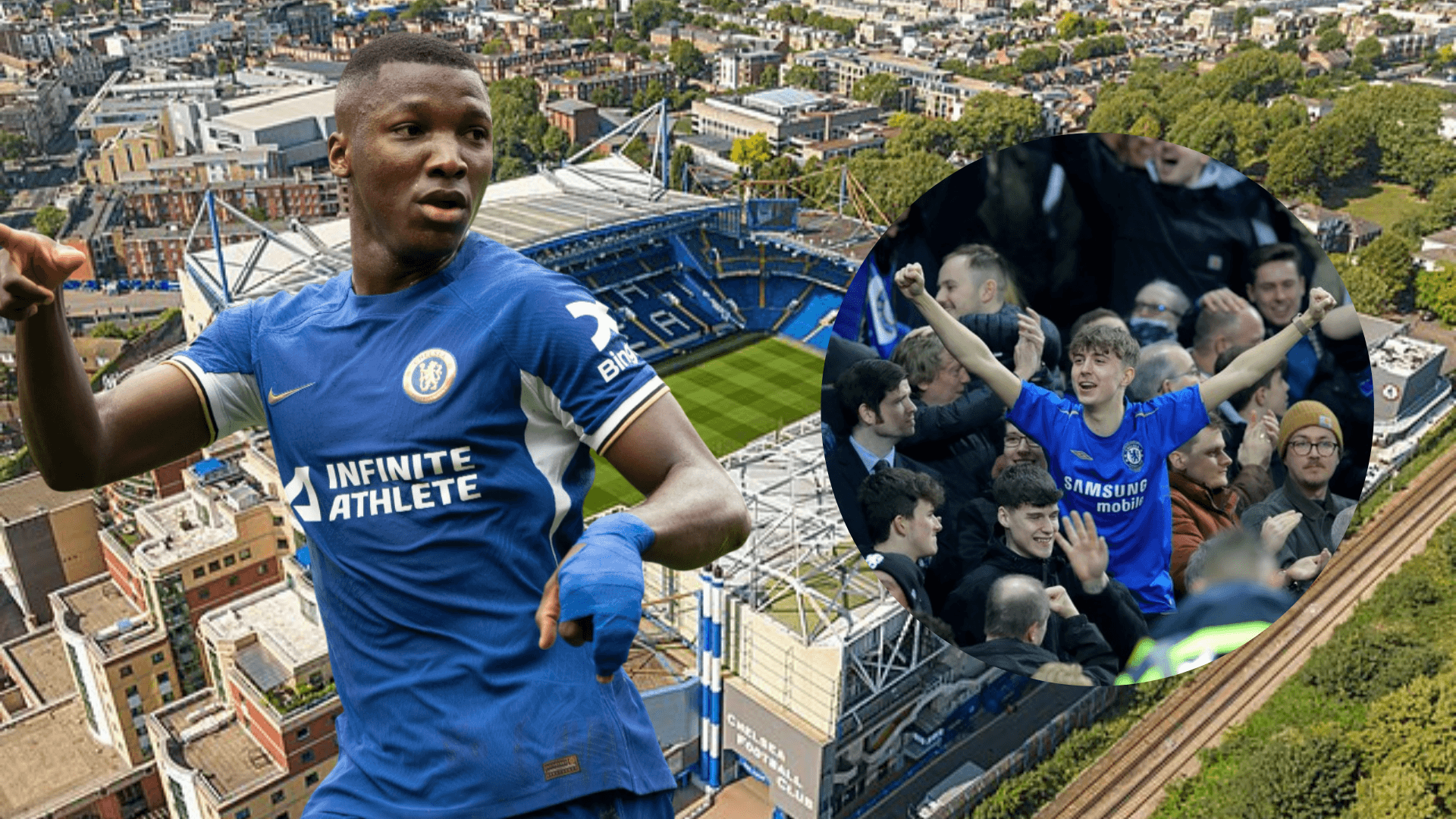 Moisés Caicedo e hinchas del Chelsea (Foto tomada de: Wikipedia/Chelsea)
