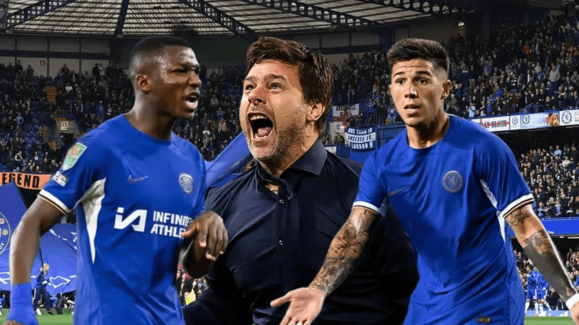 Moisés Caicedo enojado, Mauricio Pochettino gritando y Enzo Fernández