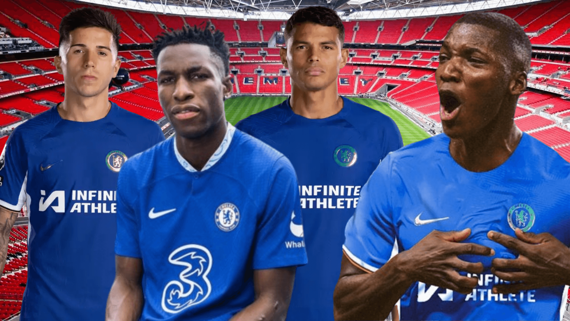 Moisés Caicedo, Enzo Fernández, Thiago Silva y Nico Jackson en Wembley (Foto tomada de: Amino/Marca/Milenio/Chelsea)