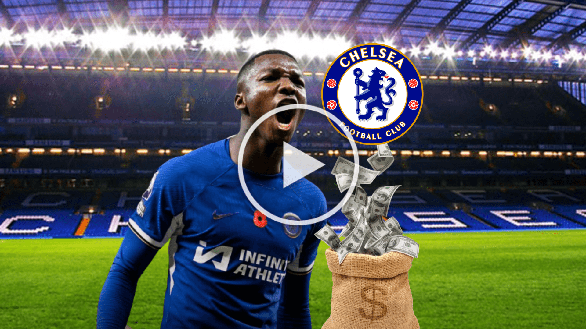 Moisés Caicedo gritando, dinero, escudo Chelsea. Foto tomada de: Chelsea