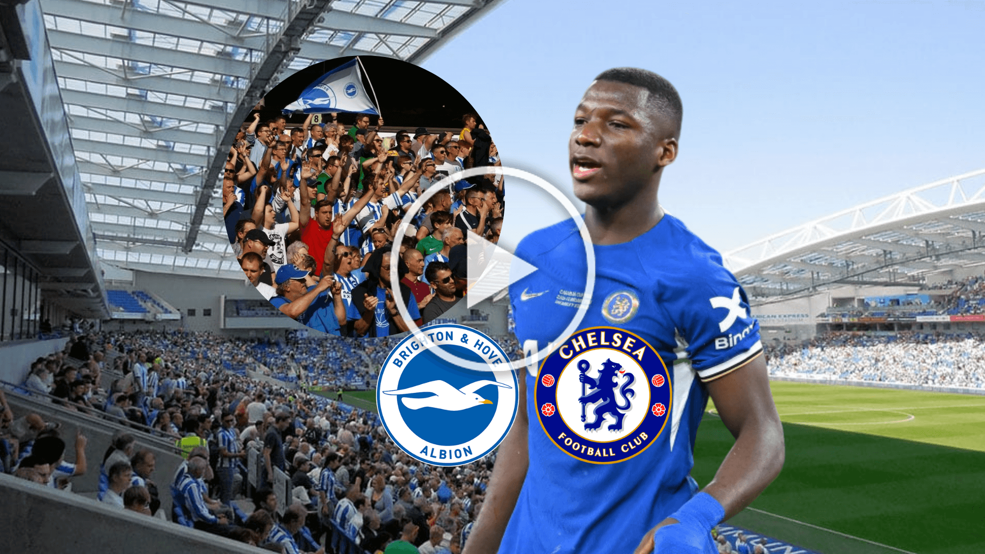 Moisés Caicedo, hinchada del Brighton, escudos Chelsea y Brighton. Foto tomada de: Be Soccer/ Tension Control Bolts