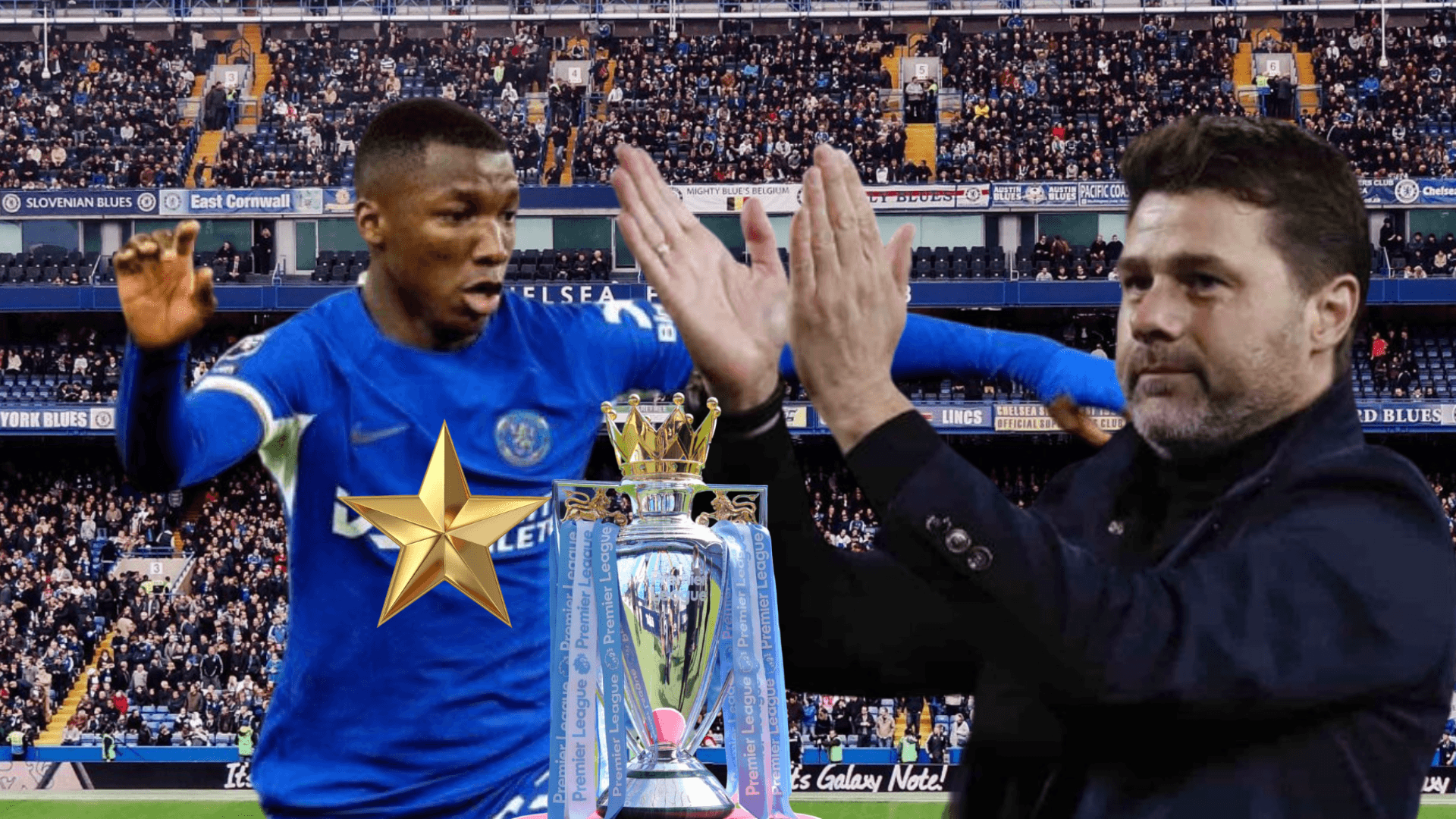 Moisés Caicedo jugando, Mauricio Pochettino aplaudiendo, trofeo Premier League. Foto tomada de: Chelsea