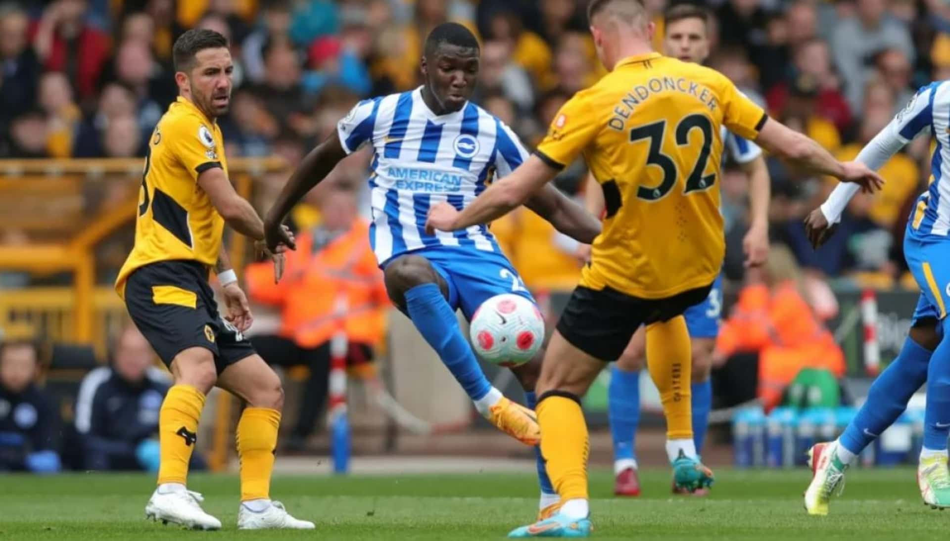 Moisés Caicedo jugó un gran partido contra el Wolves e incluso dejó al jugador en el piso
