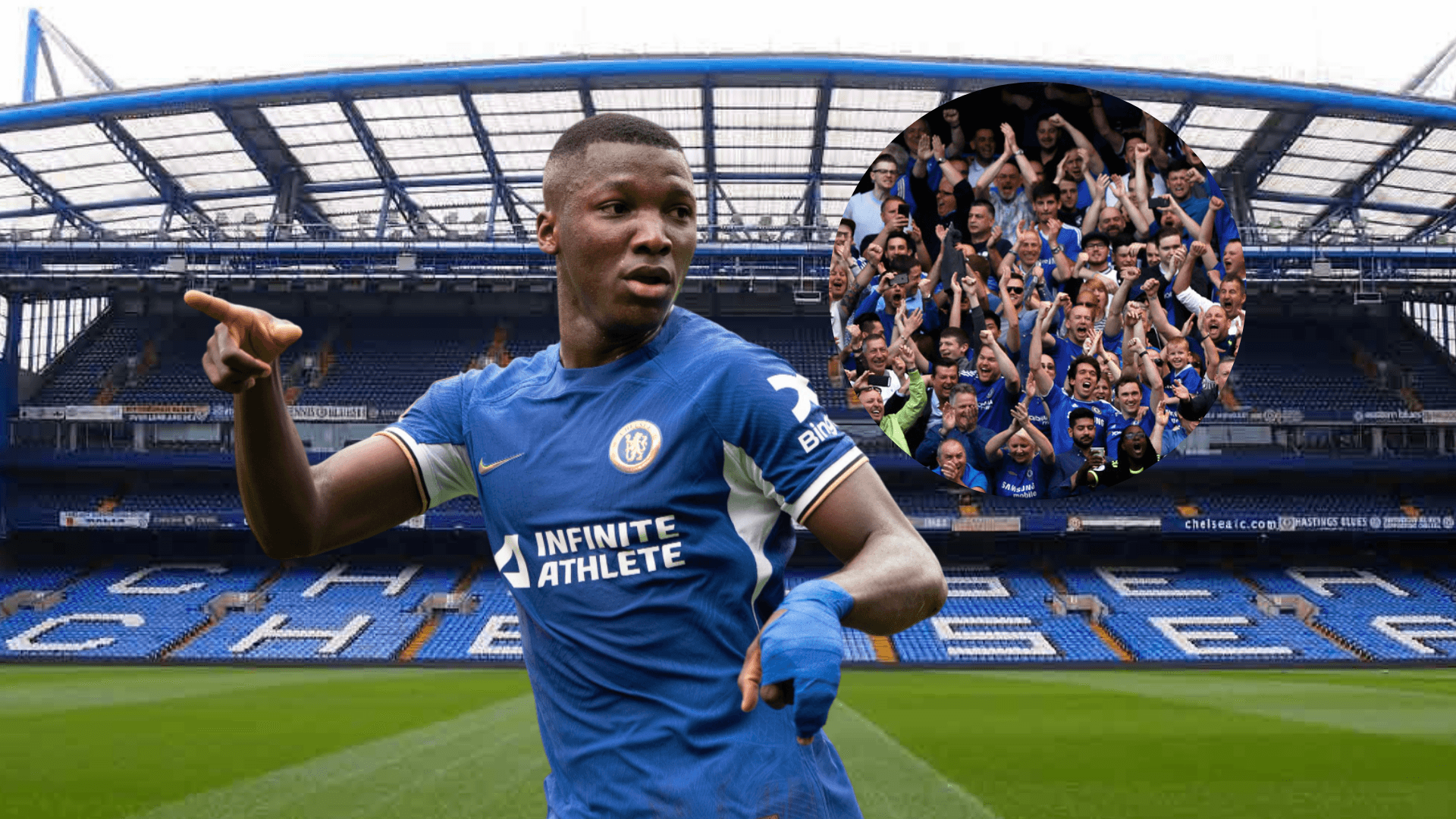 Moisés Caicedo señalando, hinchas de Chelsea. Foto tomada de: Ecuavisa/Chelsea/Xataka