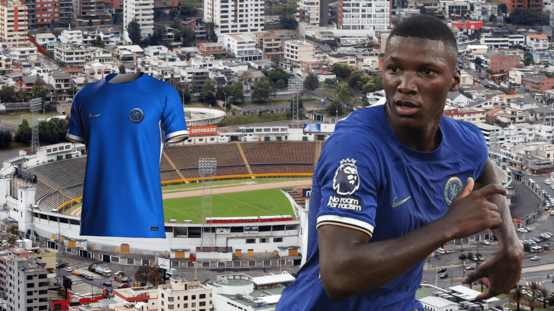 Moisés Caicedo y la camiseta del Chelsea en el Estadio Olímpico Atahualpa (Foto tomada de: Wikipedia/Chelsea)