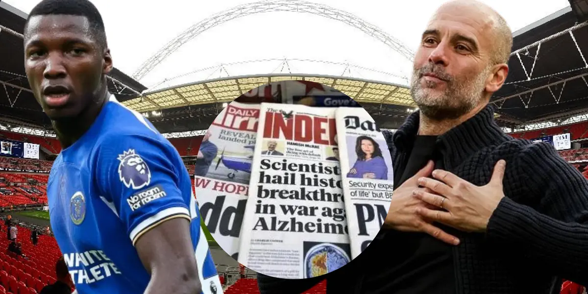 Moisés Caicedo y Pep Guardiola en Wembley (Foto tomada de: Sky Sports/Tripadvisar/Blue/Marca)