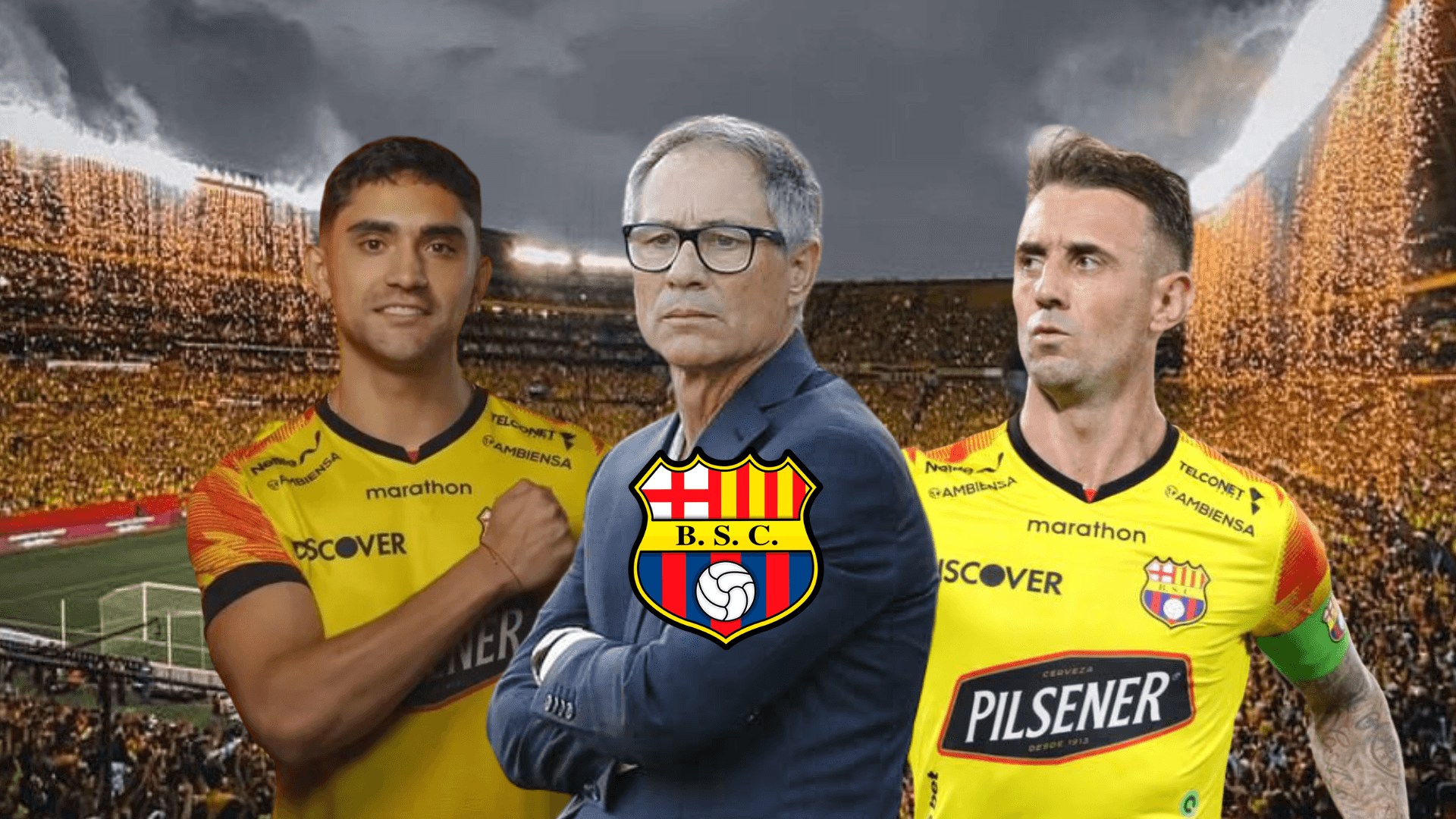 Nicolás Ramírez posando, Ariel Holan serio, Damián Díaz atento. Foto tomada de: Barcelona SC