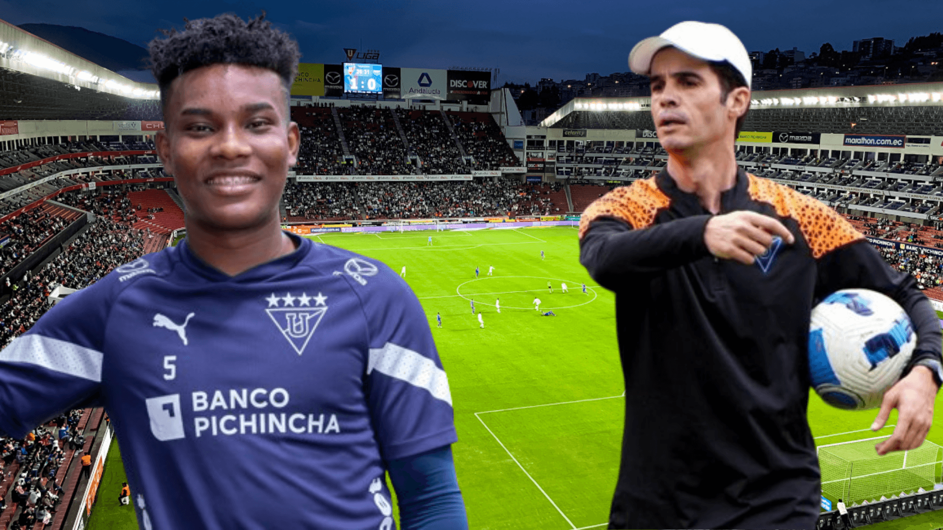 Óscar Zambrano con Josep Alcácer en el Estadio Rodrigo Paz Delgado (Foto tomada de: Primicias/Liga de Quito)