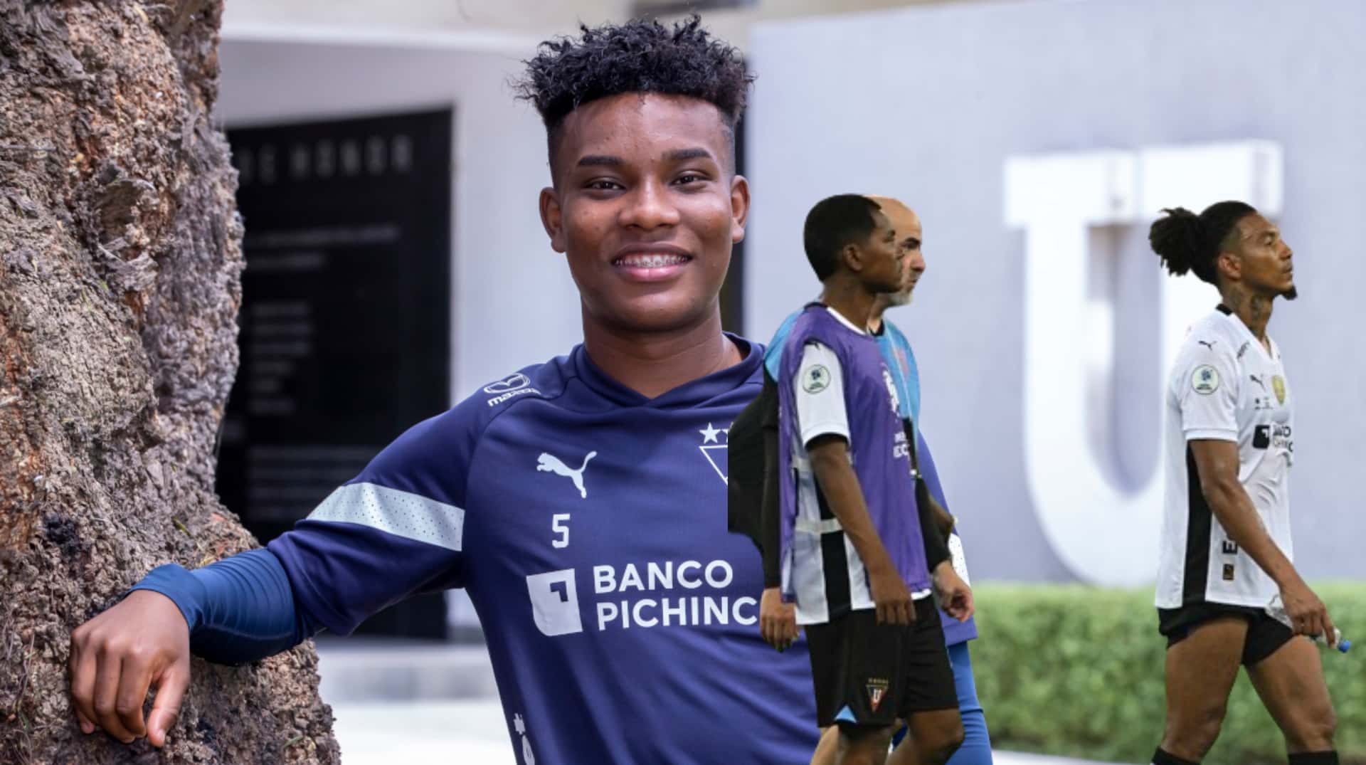Óscar Zambrano posando con el buzo de Liga de Quito, al lado jugadores del club cabizbajos. FOTO: Primicias