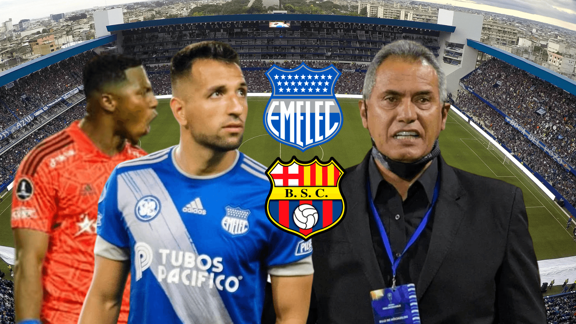Pedro Ortiz gritando, Aníbal Leguizamón observando y Hernán Torres. Foto tomada de: BSC/Emelec/PES Logos
