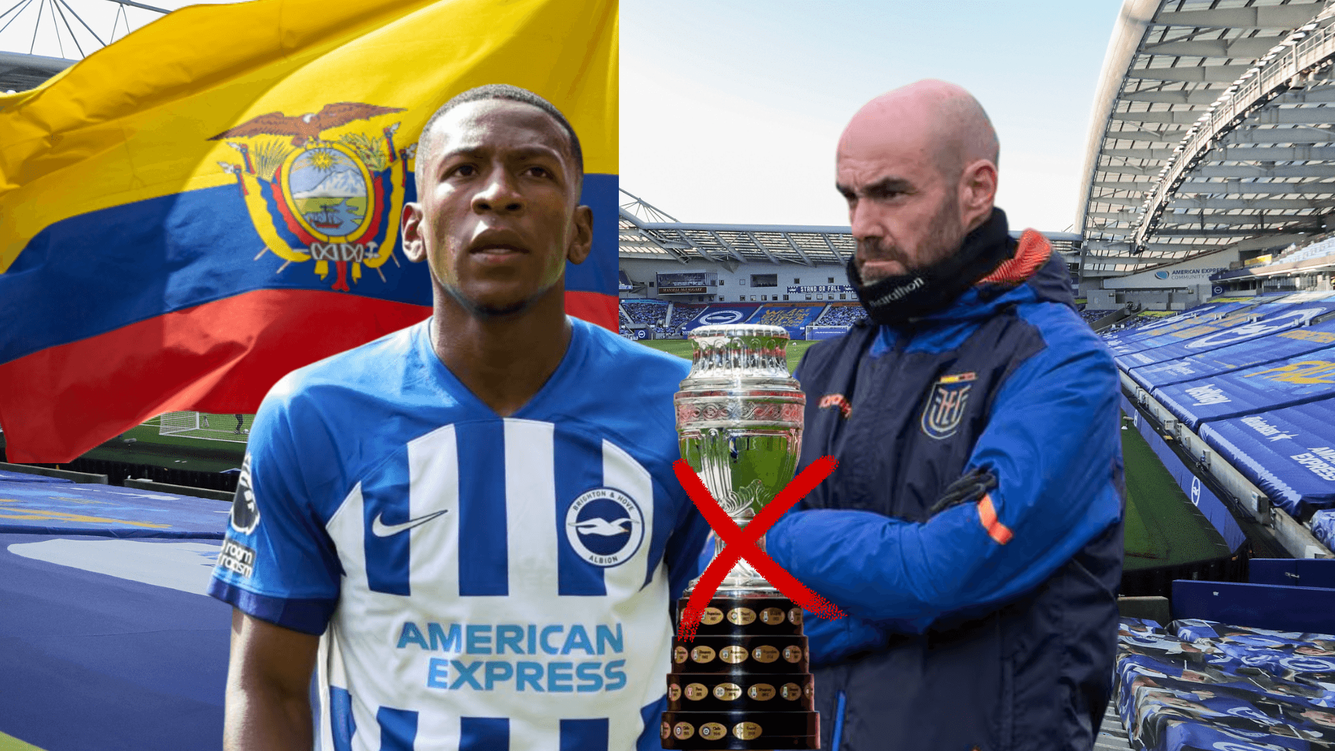 Pervis Estupiñán sorprendido, Felix Sánchez enojado, bandera Ecuador, trofeo Copa América. Foto tomada de: Brighton/La Tri