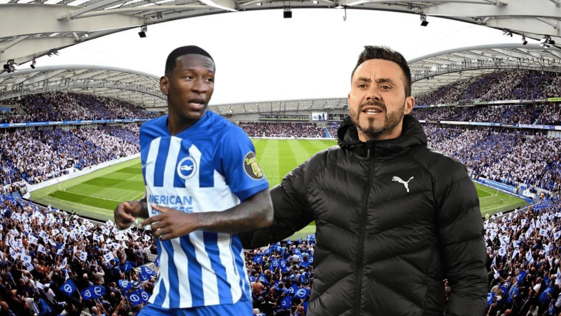 Pervis Estupiñán y Roberto De Zerbi en el estadio del Brighton