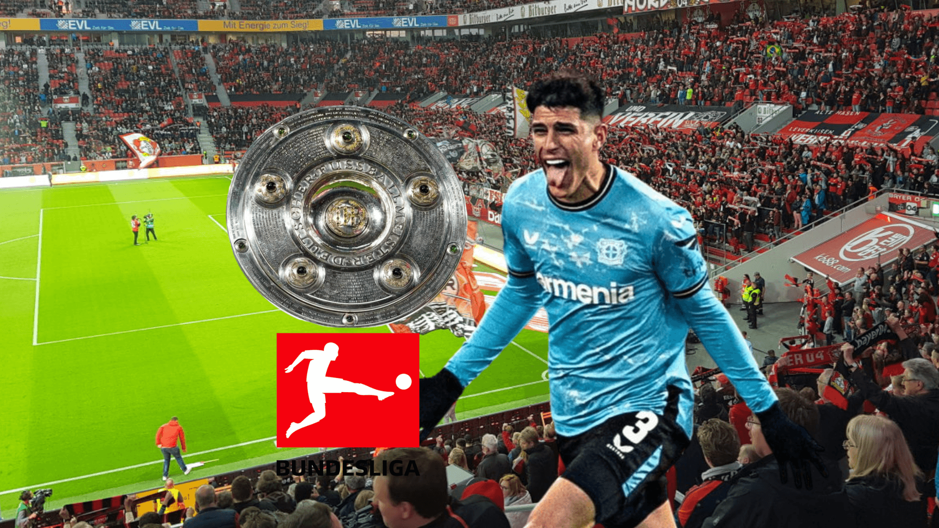 Piero Hincapié celebrando ganar la Bundesliga. Foto tomada de: The Stadium Guide/Bundesliga